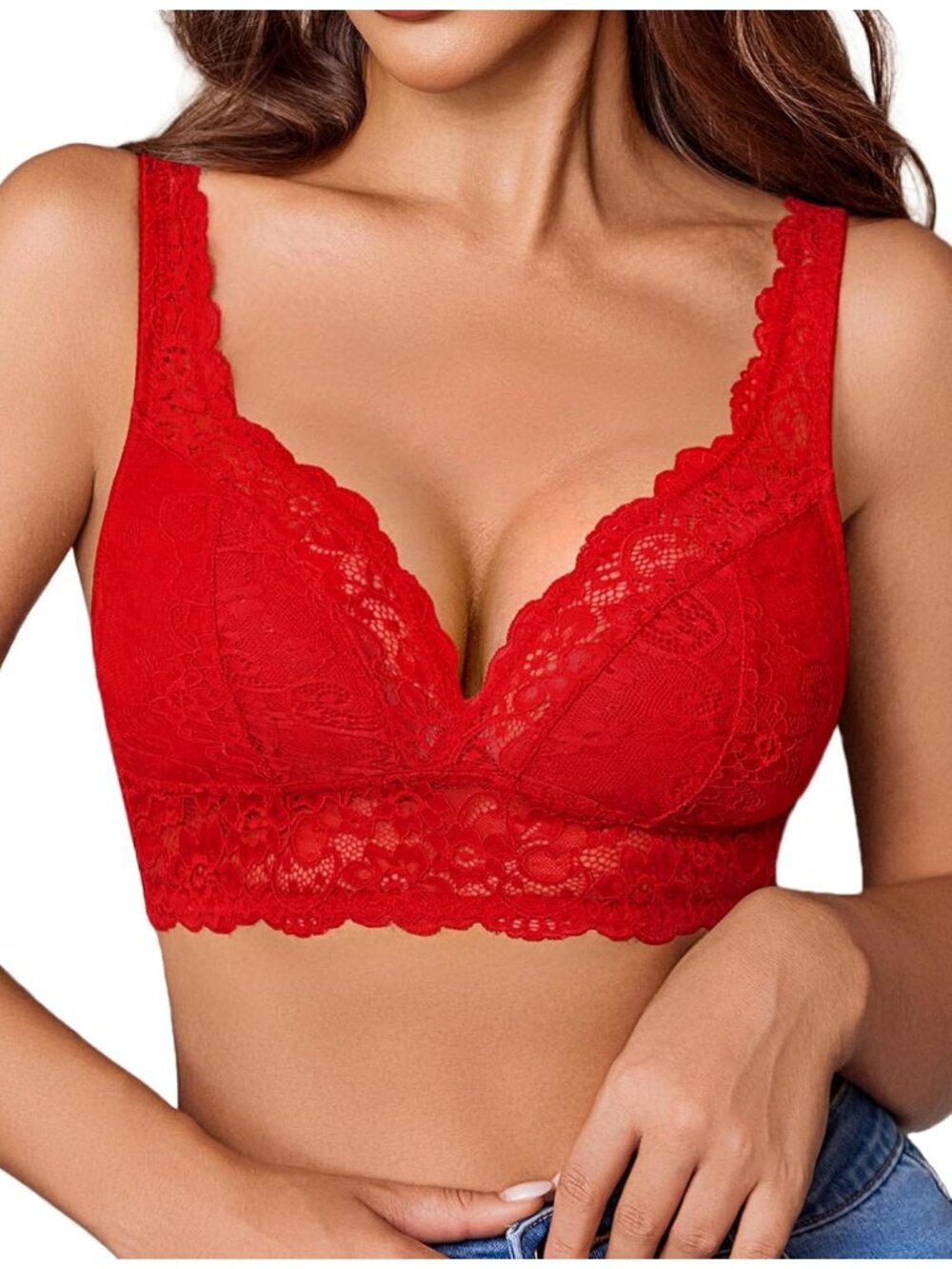 🆕Women's Dark Red Lace Braclettes V Neck Wireless Bras Unlined Basic Comfy